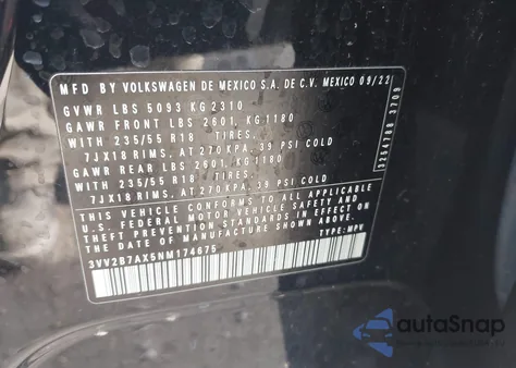 2022 Volkswagen Tiguan 2.0T Se z USA, uszkodzony, nr VIN 3VV2B7AX5NM174675